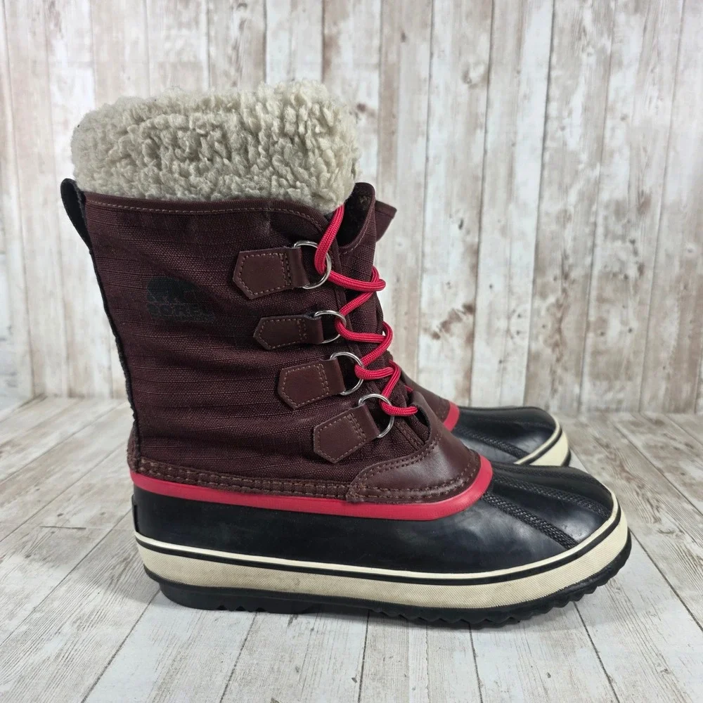 Sorel Waterproof Winter Boots Burgundy Faux Fur Lined Lace Up Women Size 8‎